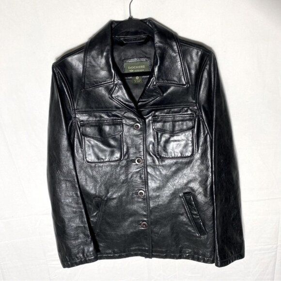 Vintage Dockers Outerwear Black Genuine Leather Button Up Jacket M - Picture 1 of 12